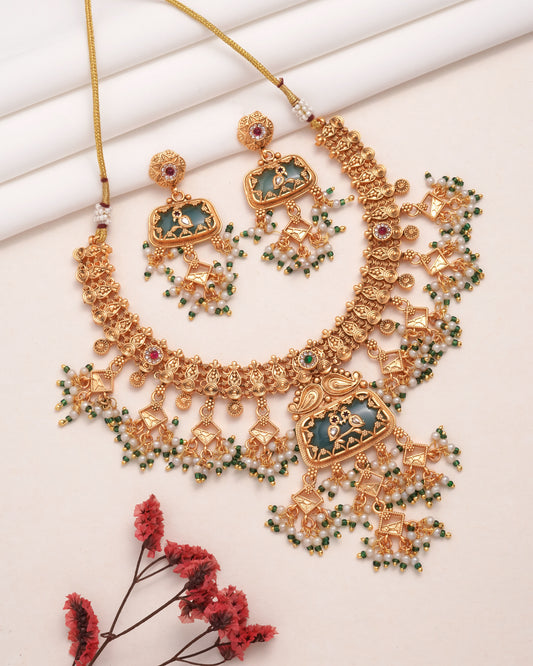 Antique Gold Kundan Necklace Set with Green Enamel Detailing