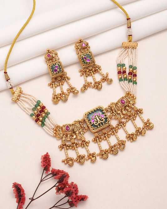 Traditional Indian Kundan Jewelry Set with Green & Red Stones