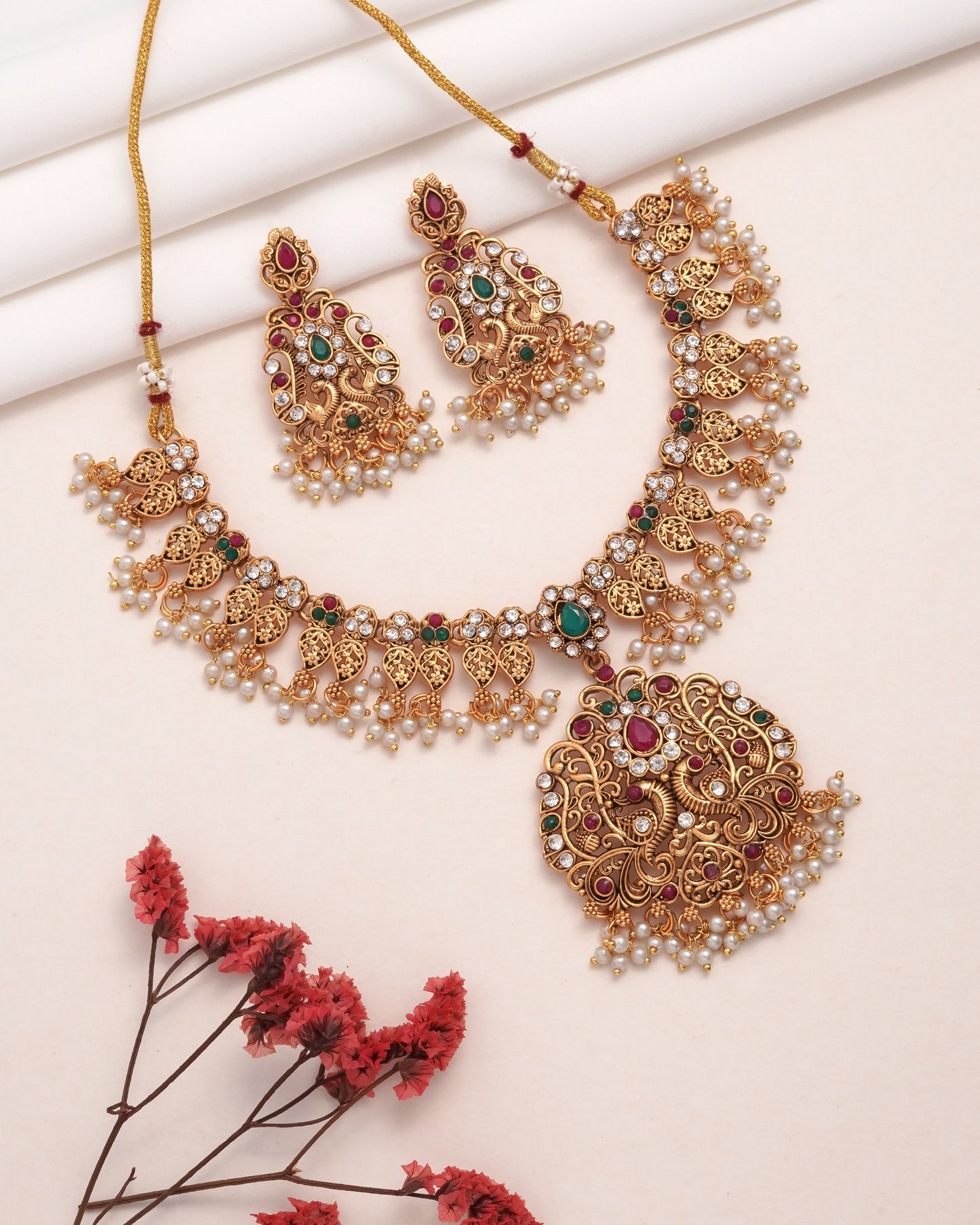 Antique Gold Temple Choker Necklace Set with Earrings