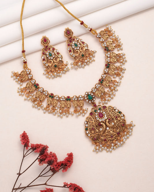 Antique Gold Temple Choker Necklace Set with Earrings