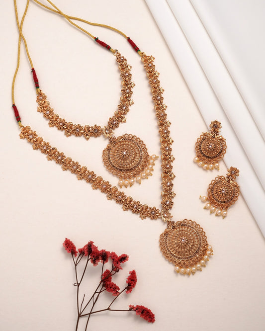 Antique Matte Gold-Plated Long & Short Necklace Set with Matching Jhumka Earrings - 3-Piece Traditional Temple Jewelry Bridal Collection