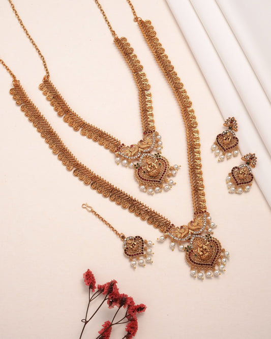 Traditional Lakshmi Coin Temple Necklace Set with Earrings & Maang Tikka