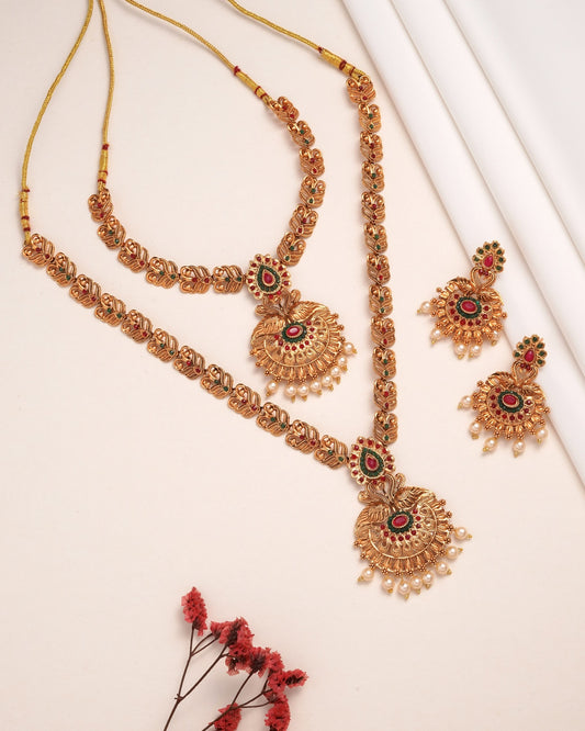 The Heritage Bloom Set: Dual-Layered Matte Gold Necklace & Floral Mandala Earrings