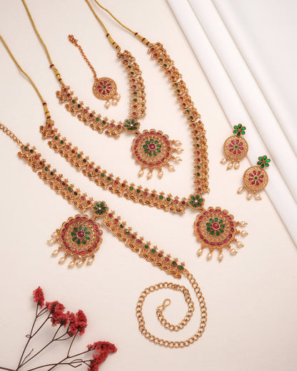 The Shubh Vivah Bridal Collection: Complete Antique Matte Gold 5-Piece Jewelry Set with Ruby & Emerald Stone Accents
