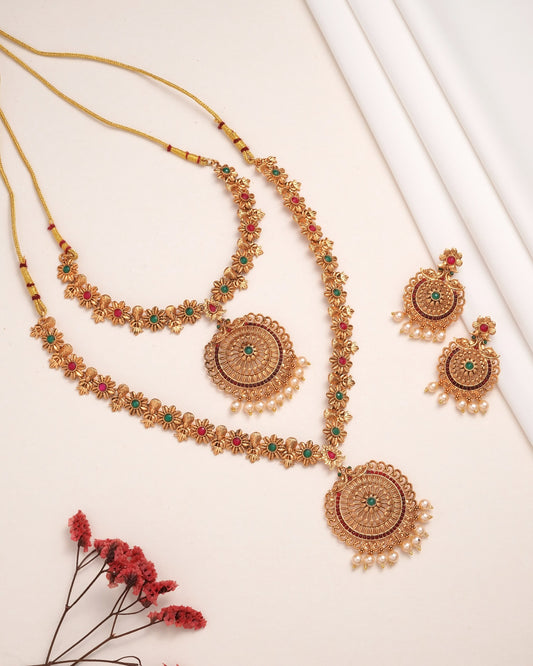 Antique Gold-Plated Dual Necklace Set with Circular Floral Pendants and Matching Jhumkas