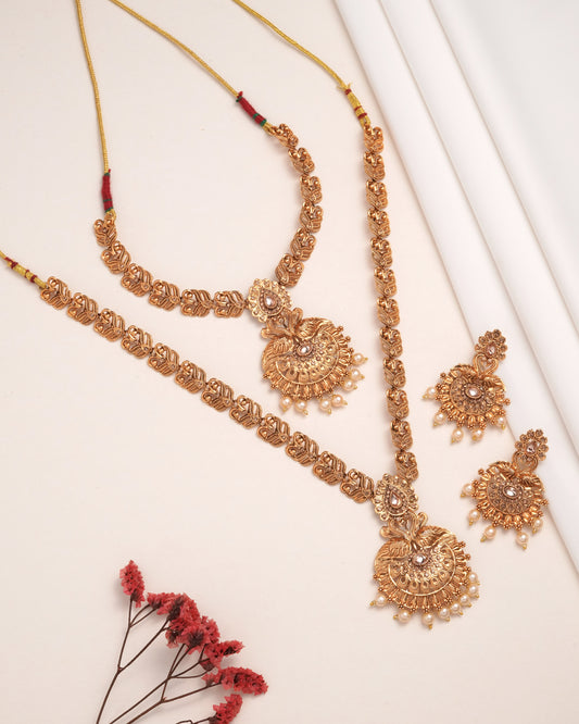 Antique Matte Gold-Plated Long & Short Necklace Set with Matching Jhumka Earrings - 3-Piece Traditional Temple Jewelry Bridal Collection