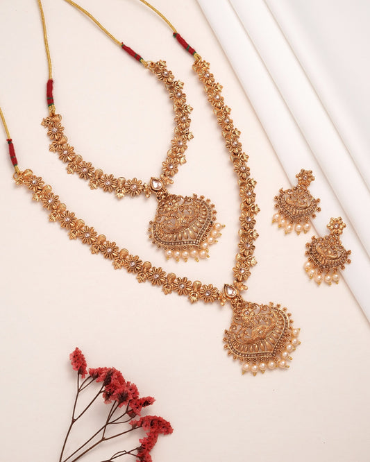 Antique Matte Gold Peacock Pendant Necklace Set - Traditional 2-Piece Haram & Choker Combo with Matching Earrings & Pearl Drops