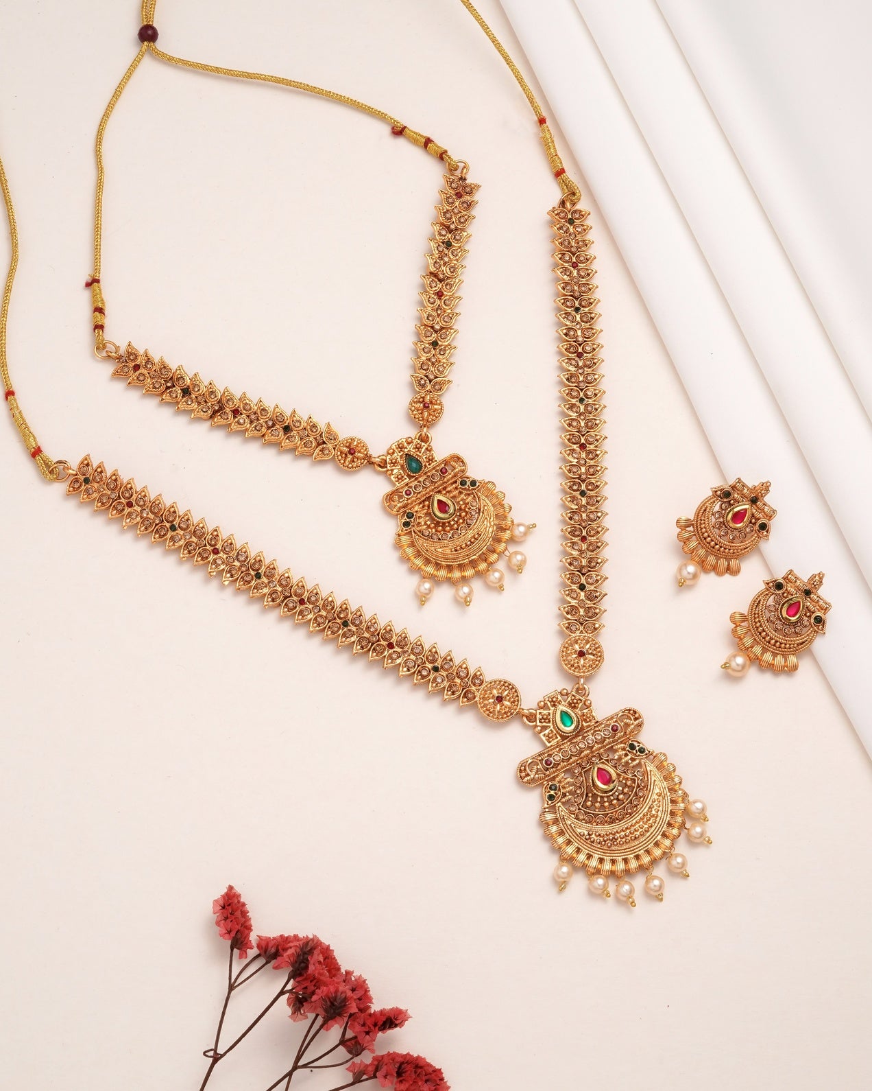 Antique Matte Gold-Plated Chandbali Necklace Set - Traditional 2-Piece Long Haram & Choker Combo with Red & Green Kemp Stones