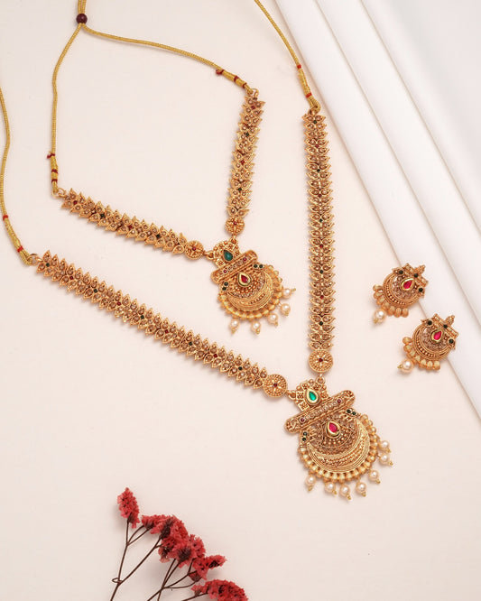 Antique Matte Gold-Plated Chandbali Necklace Set - Traditional 2-Piece Long Haram & Choker Combo with Red & Green Kemp Stones
