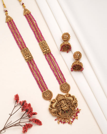 Traditional Antique Gold-Plated Lakshmi Pendant Haram - Ruby Pink Multi-Strand Bead Long Necklace with Matching Jhumka Earrings