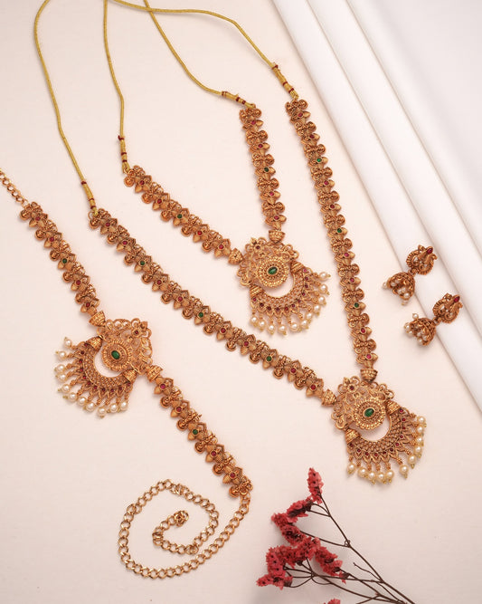 Antique Gold Temple Long Haram Necklace Set with Earrings