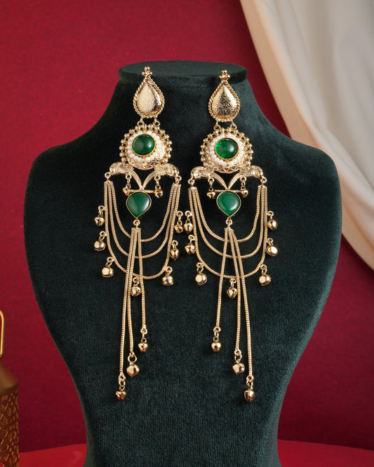 Royal Green Stone Chandbali Earrings with Long Chain Tassels