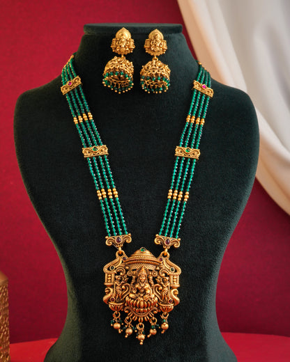 Traditional Antique Gold-Plated Lakshmi Pendant Haram - Ruby Pink Multi-Strand Bead Long Necklace with Matching Jhumka Earrings