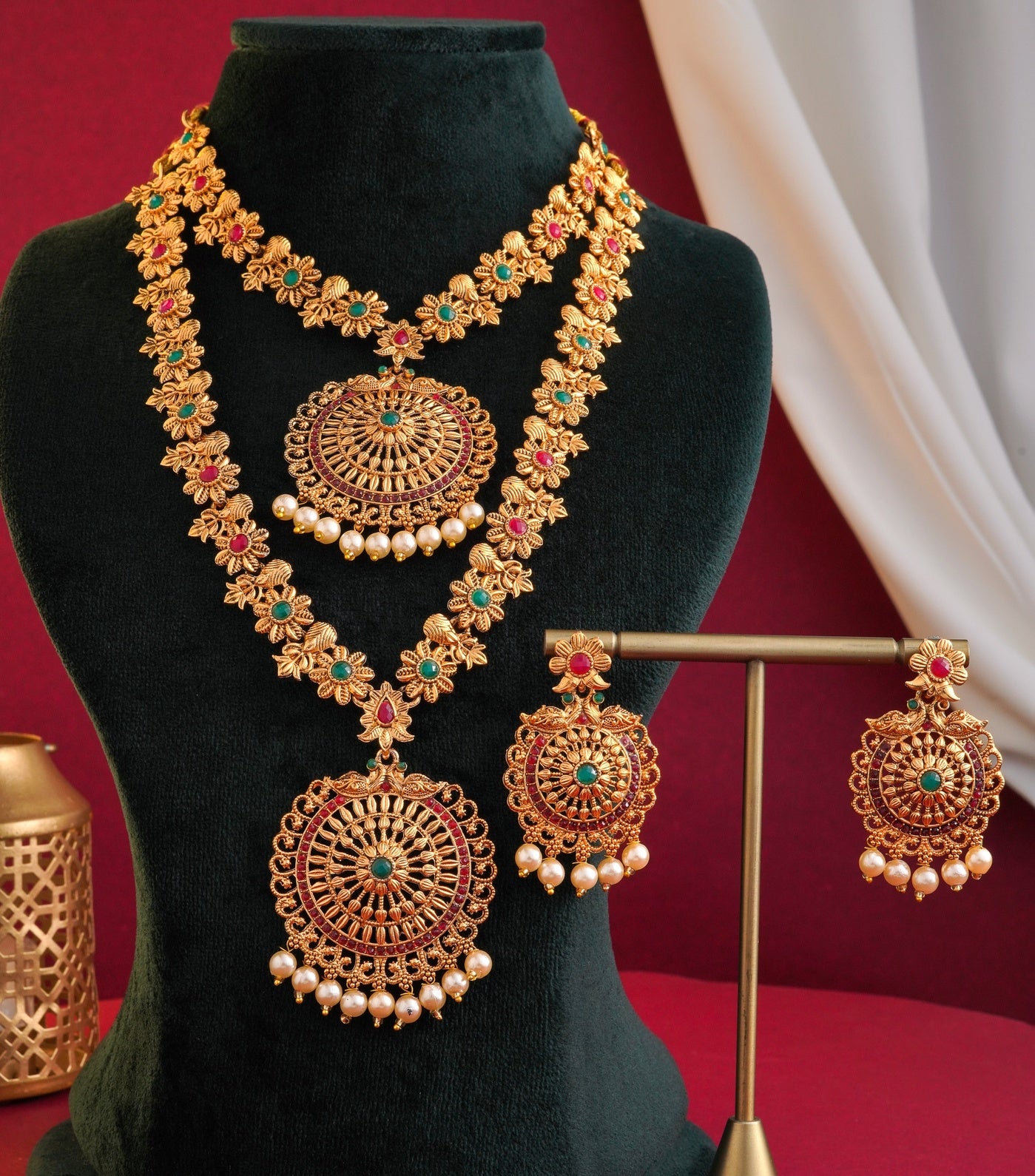 Antique Gold-Plated Dual Necklace Set with Circular Floral Pendants and Matching Jhumkas