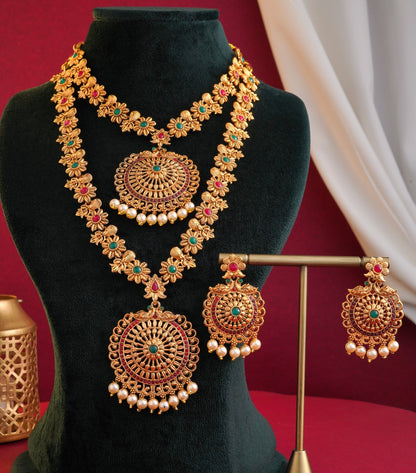 Antique Gold-Plated Dual Necklace Set with Circular Floral Pendants and Matching Jhumkas