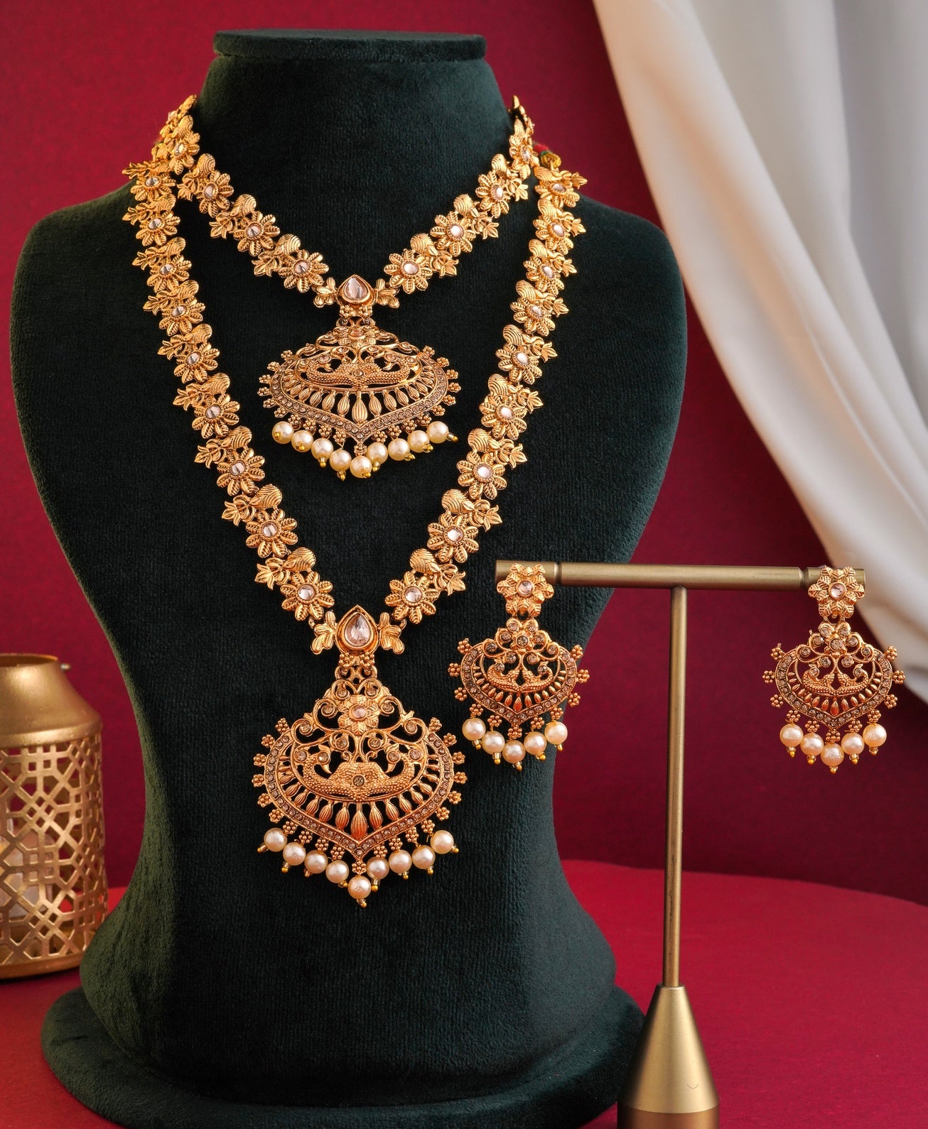 Antique Matte Gold Peacock Pendant Necklace Set - Traditional 2-Piece Haram & Choker Combo with Matching Earrings & Pearl Drops