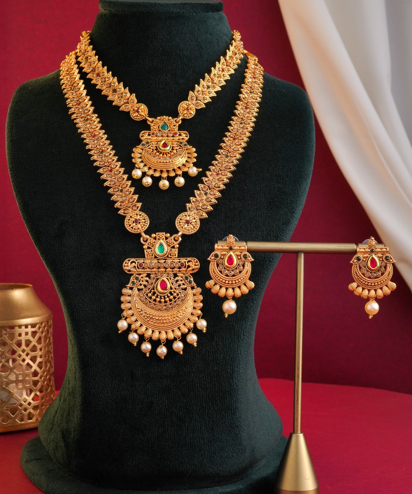Antique Matte Gold-Plated Chandbali Necklace Set - Traditional 2-Piece Long Haram & Choker Combo with Red & Green Kemp Stones