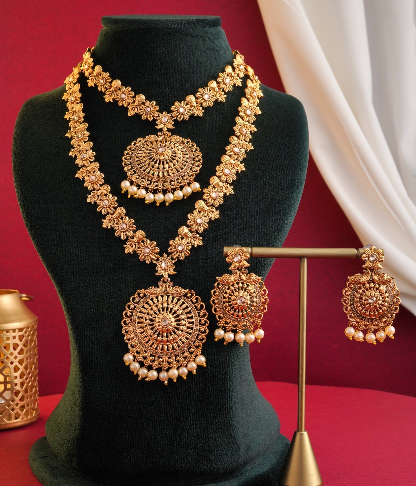 Antique Matte Gold-Plated Long & Short Necklace Set with Matching Jhumka Earrings - 3-Piece Traditional Temple Jewelry Bridal Collection
