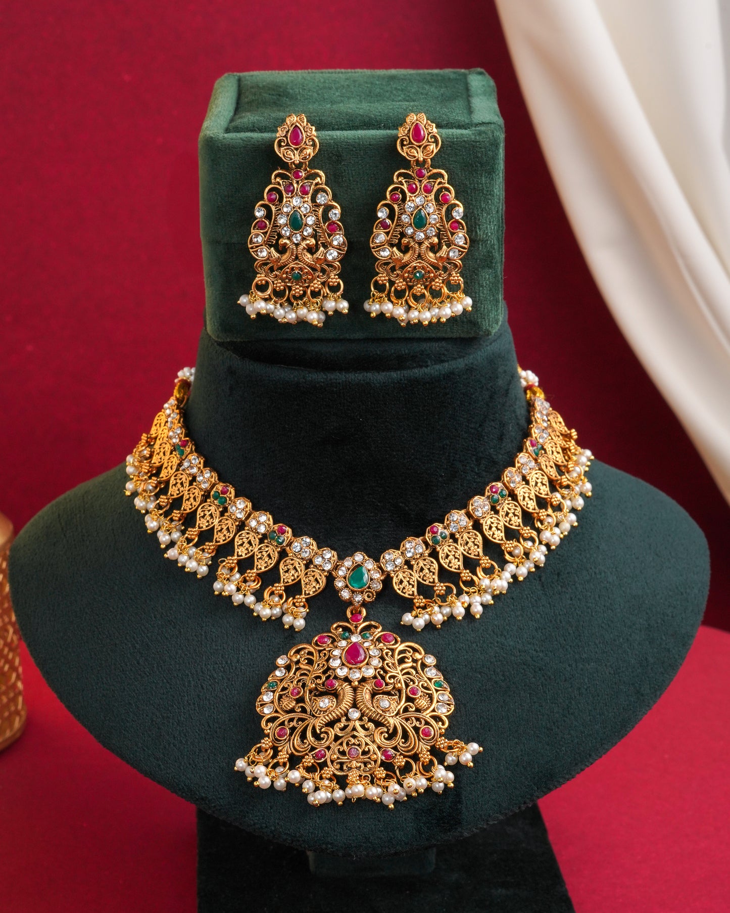 Antique Gold Temple Choker Necklace Set with Earrings