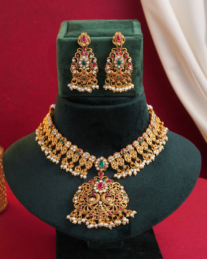 Antique Gold Temple Choker Necklace Set with Earrings