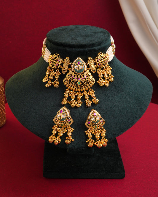 Ethnic Kundan Bridal Necklace Set with Dangle Earrings