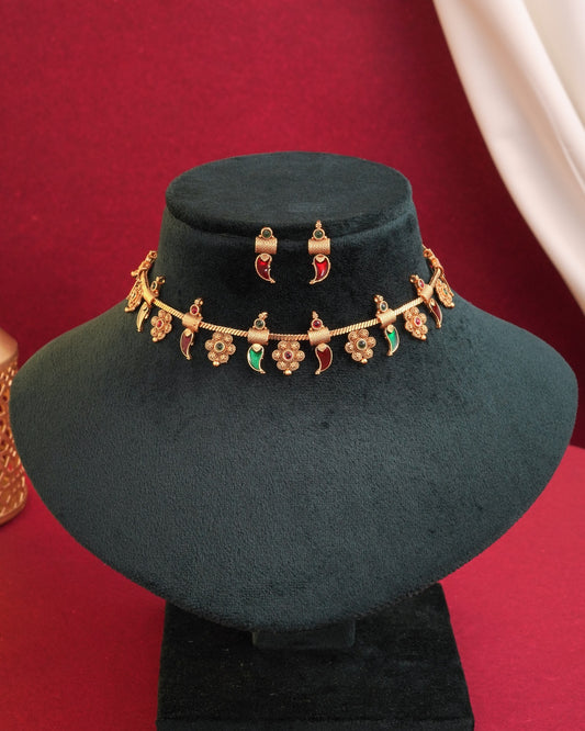 Traditional Gold Tone Floral & Paisley Necklace Set with Green Red Enamel