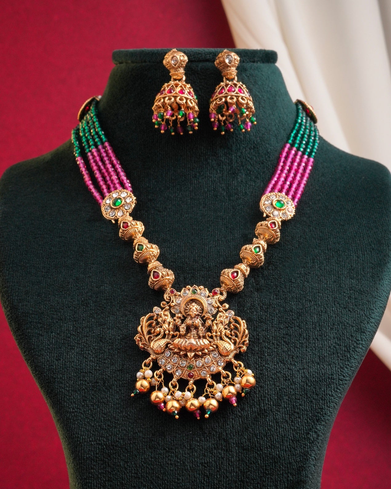The Goddess Lakshmi Heritage Set: Handcrafted Temple Jewelry Long Haram with Ruby Beads and Traditional Jhumkas