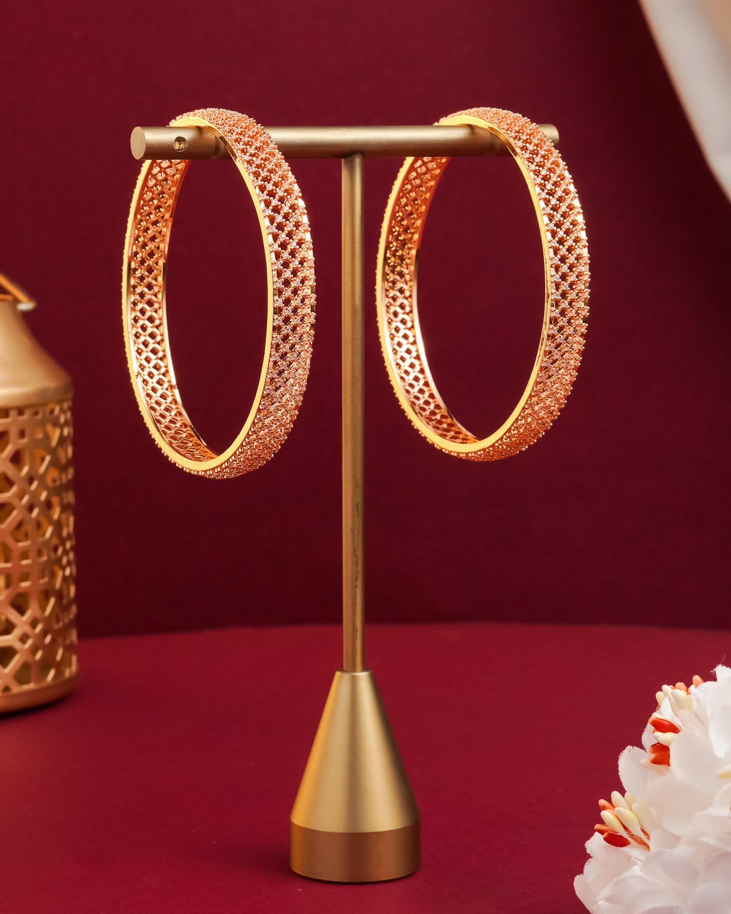 Rose Gold Plated Intricate Lattice Bangles with Cubic Zirconia (Set of 2)