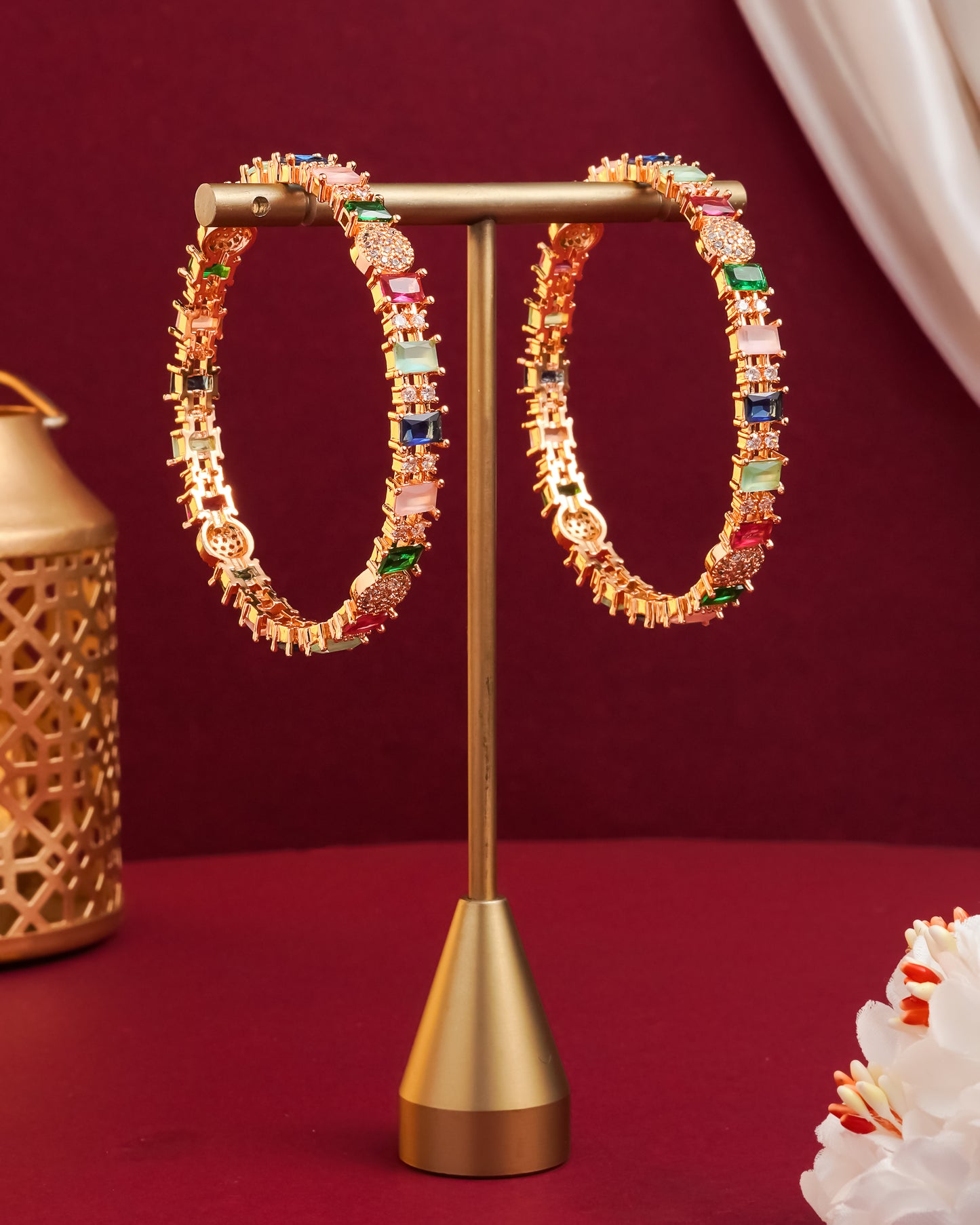 Rose Gold Plated Multi-Color Stone Bangles with Cubic Zirconia (Set of 2)