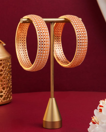 Rose Gold Plated Handcrafted CZ Studded Broad Bangles - Set of 2
