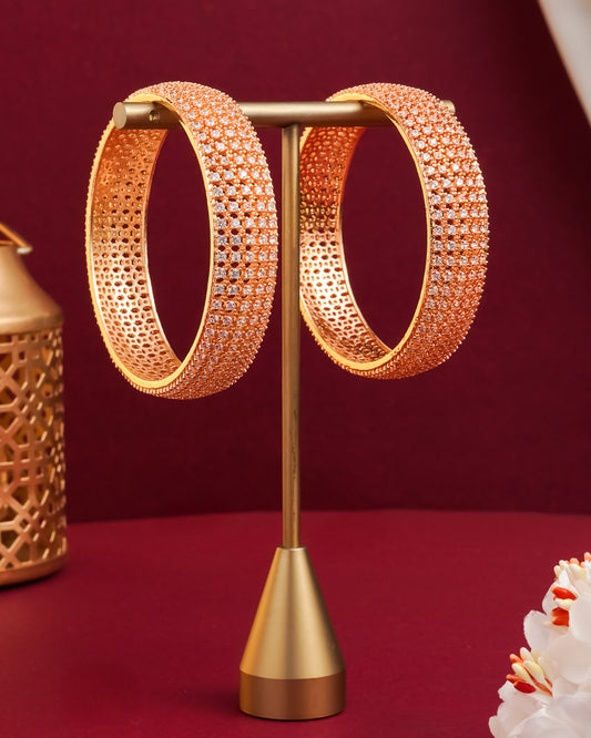 Rose Gold Plated Handcrafted CZ Studded Broad Bangles - Set of 2