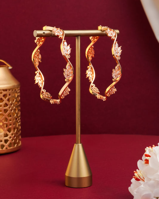 Gold Plated Wavy Vine Hoop Earrings with Marquise Cubic Zirconia Botanical Leaf Design
