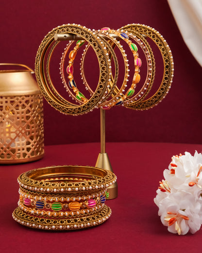 Antique Gold Plated Multi-Color Stacking Bangle Set - 14 Piece Set