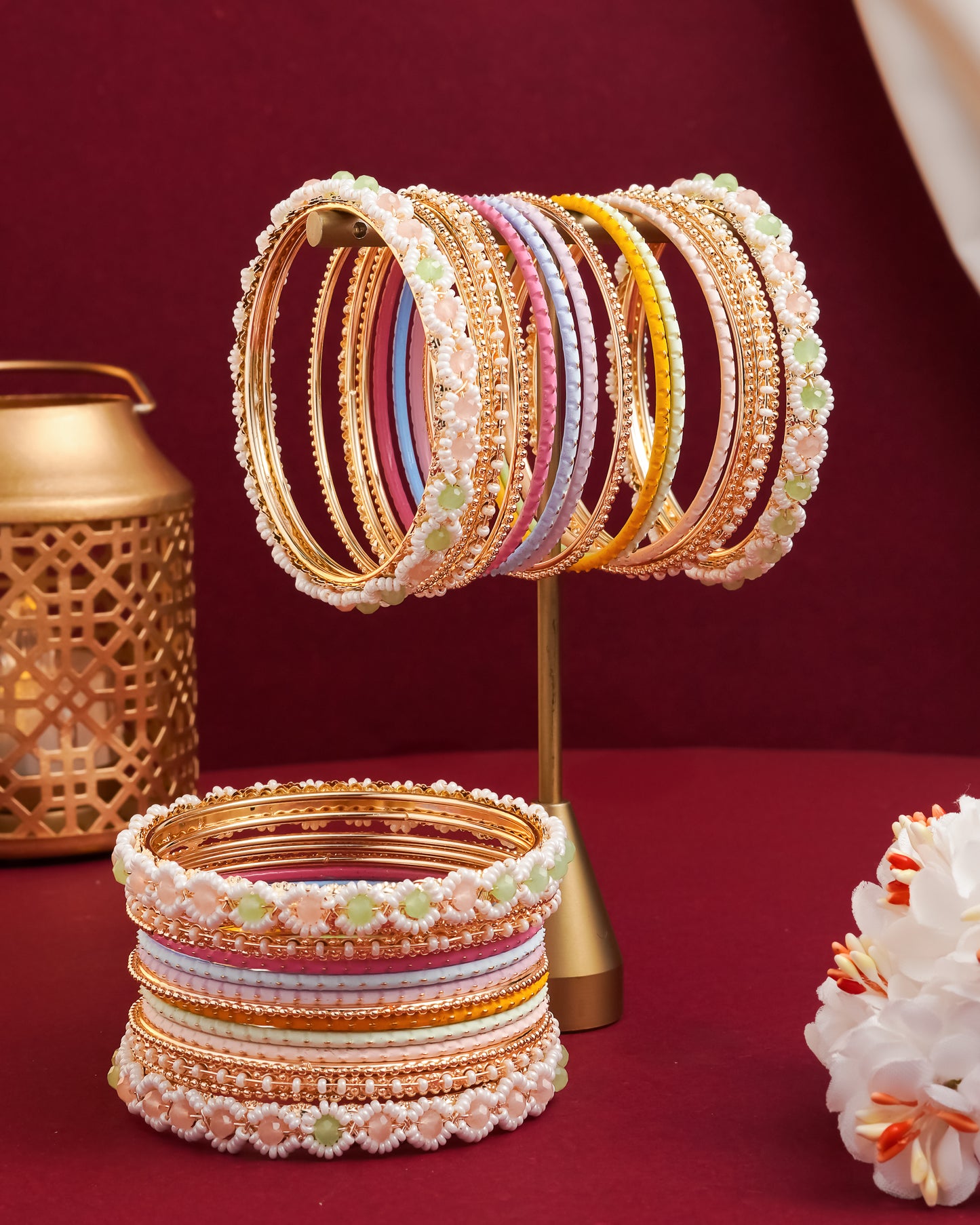 Antique Gold-Plated Temple Kada Bangles with Ruby & Emerald Stones