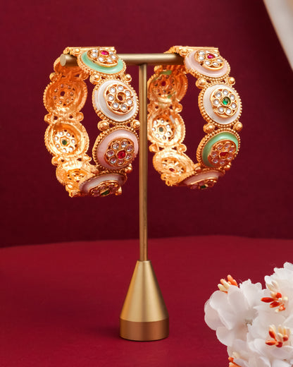 Handcrafted Jadau Meenakari Kada Bangles – Pastel Enamel & Gold Finish (Set of 2)