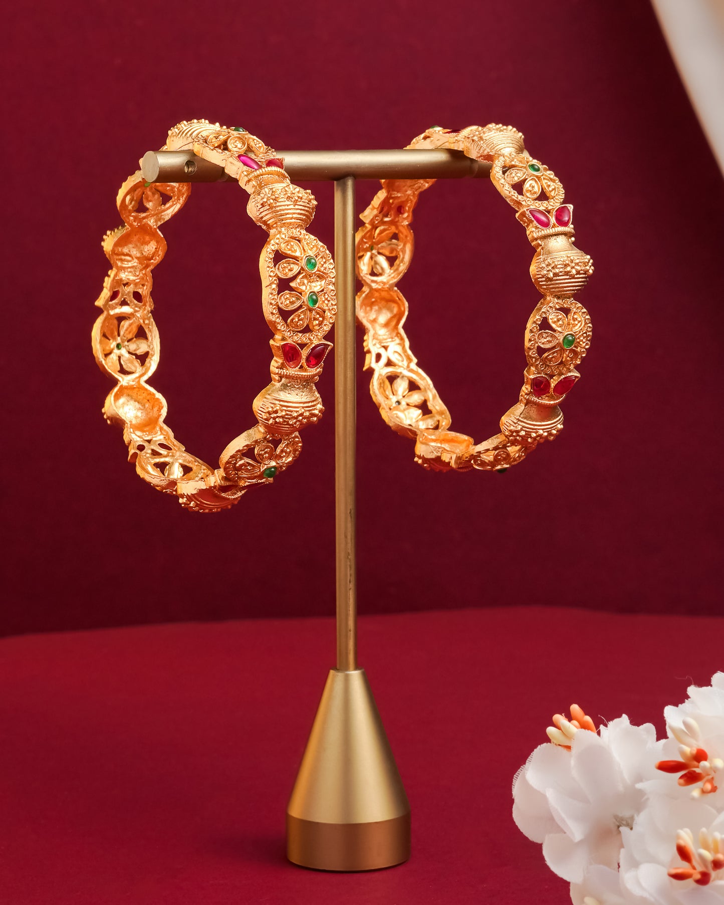 Antique Gold-Plated Temple Kada Bangles with Ruby & Emerald Stones(Set of 2)