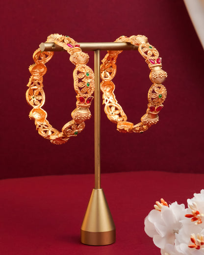 Antique Gold-Plated Temple Kada Bangles with Ruby & Emerald Stones(Set of 2)