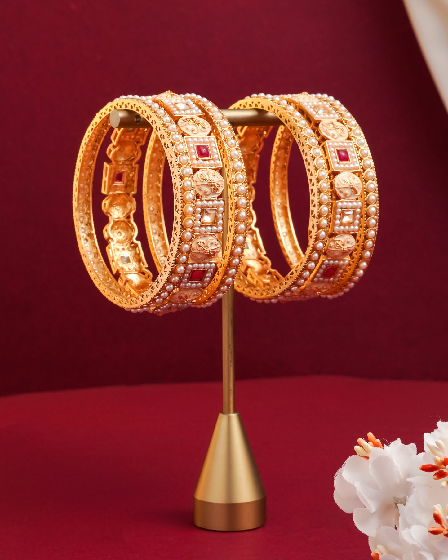 Traditional Gold-Plated Bangle Set with Meenakari Work and Faux Pearls - Set of 6