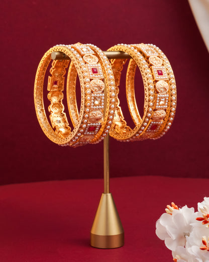 Traditional Gold-Plated Bangle Set with Meenakari Work and Faux Pearls - Set of 6