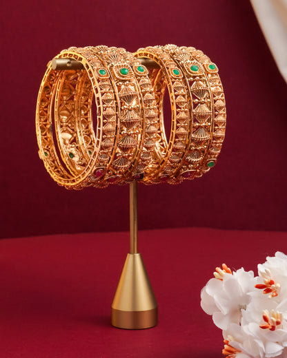Handcrafted Peacock Motif Bangle Set with Green and Blue Enamel Work - Antique Gold Plated