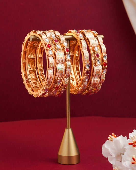 Gold Plated Floral Enamel Bangles with Ruby CZ Accents - Set of 6