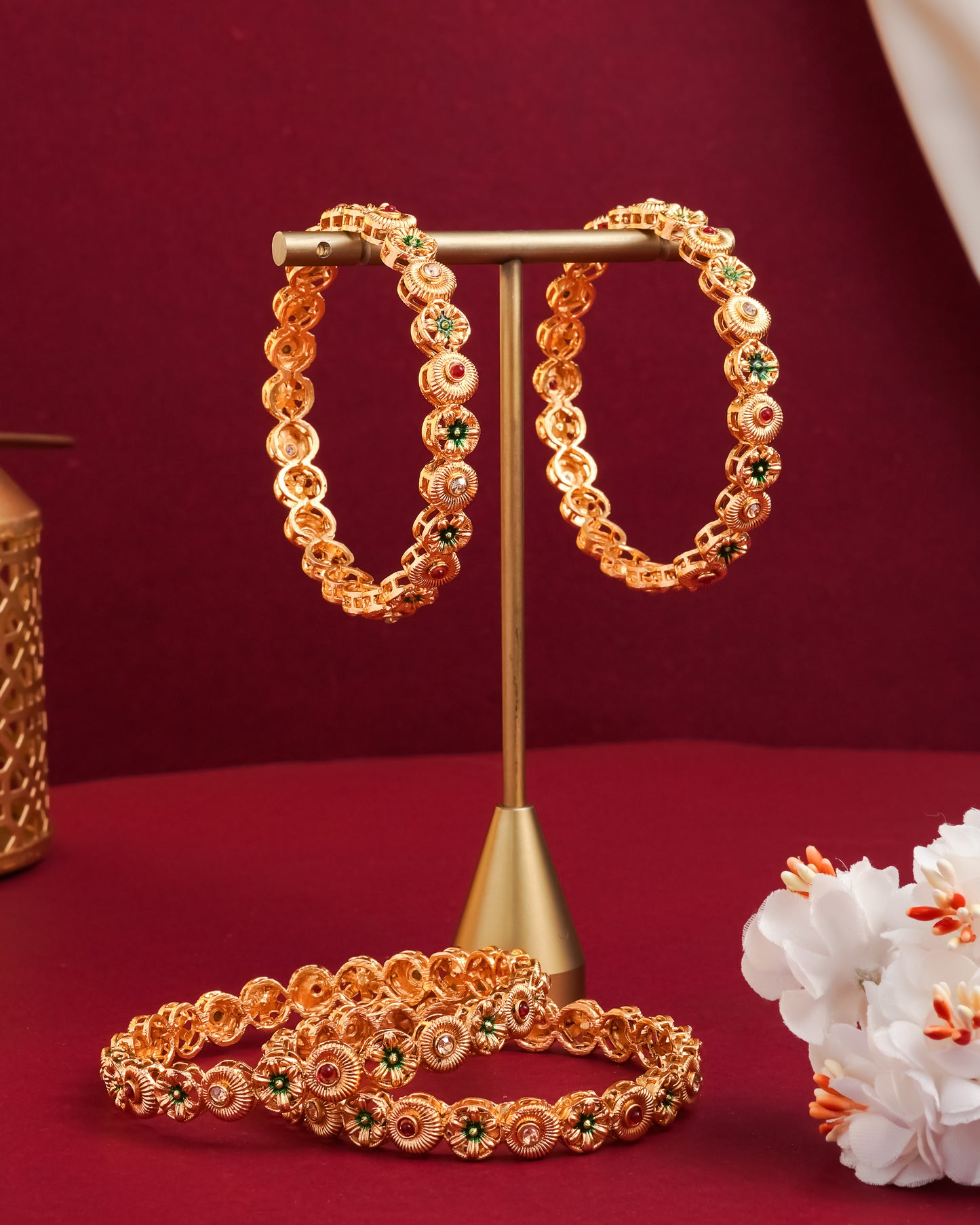 Antique Gold Plated Floral Bangle Set with Red and Green Enamel Accents(Set of 4)