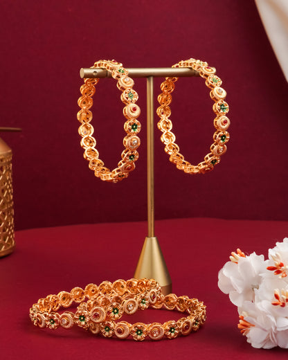 Antique Gold Plated Floral Bangle Set with Red and Green Enamel Accents(Set of 4)
