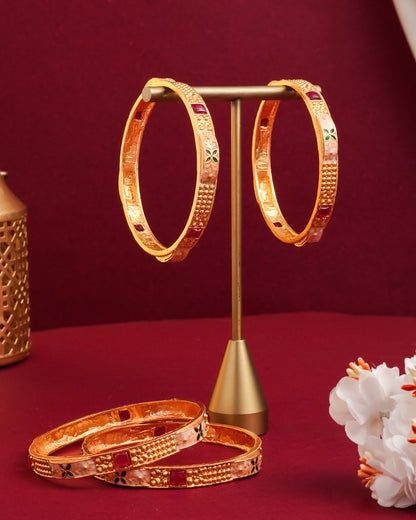 Gold-Plated Enamel Bangles with Ruby Pink Stones - Set of 4