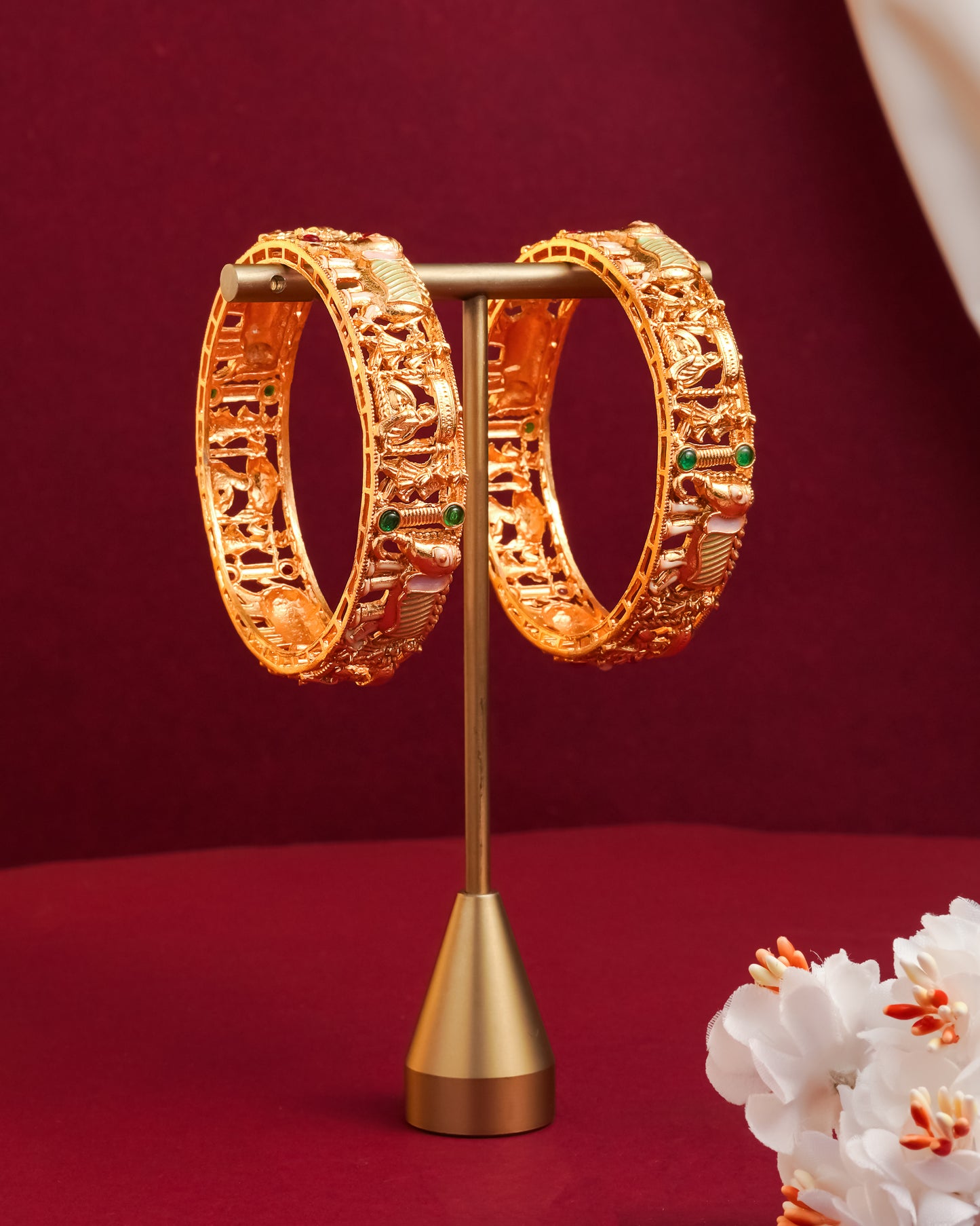 Traditional Elephant Design Gold Bangles with Stone Accents(Set Of 1)