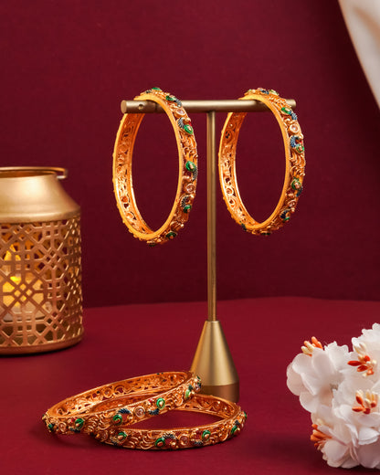 Handcrafted Peacock Motif Bangle Set with Green and Blue Enamel Work - Antique Gold Plated