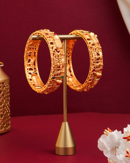 Antique Gold Plated Elephant Procession Temple Bangles - Pair Of 2