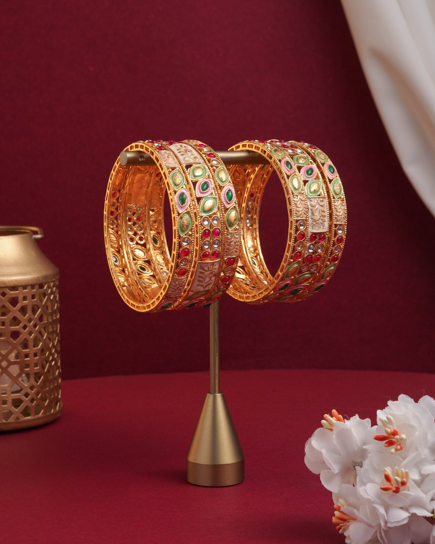 Gold-Plated Meenakari Bangle Set Hand Painted Floral Enamel with Ruby & Emerald Accents (Set of 6)