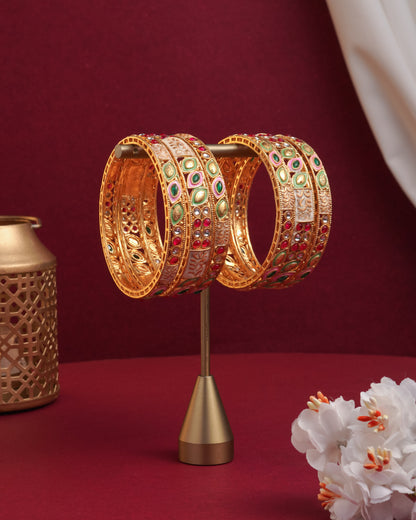 Gold-Plated Meenakari Bangle Set Hand Painted Floral Enamel with Ruby & Emerald Accents (Set of 6)