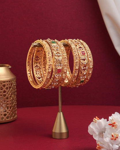 Antique Gold Plated Floral Filigree Bangle Set with Ruby & Emerald Accents